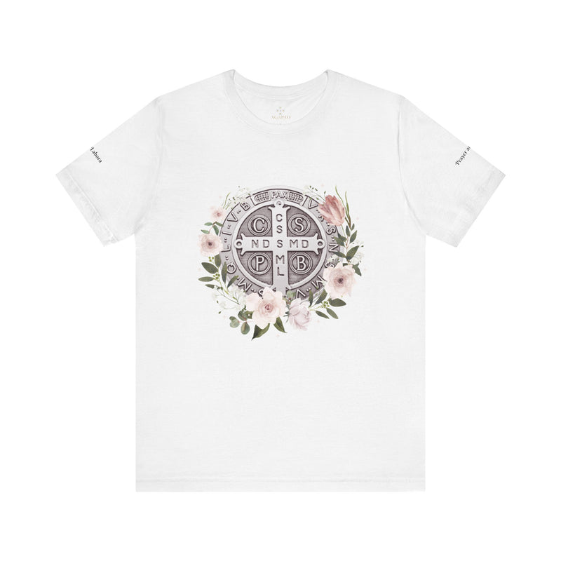 Benedictine Medal T-Shirt – Catholic Faith Floral Tee with Ora et Labora/Prayer and Work