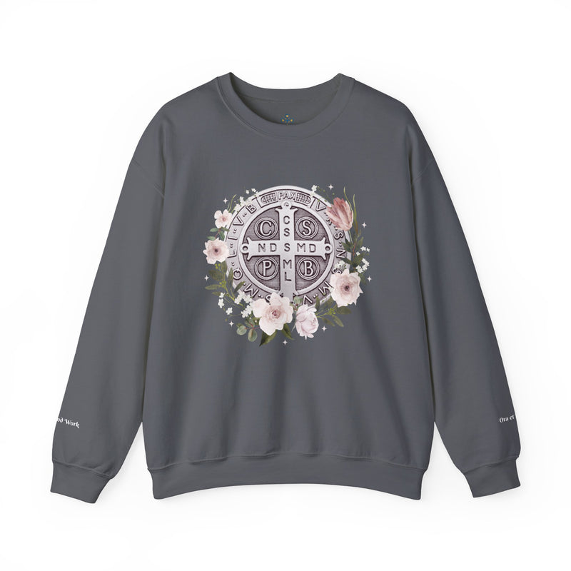 Benedictine Medal Crewneck Sweatshirt – Catholic Faith Floral Design w/ Ora et Labora/Prayer and Work