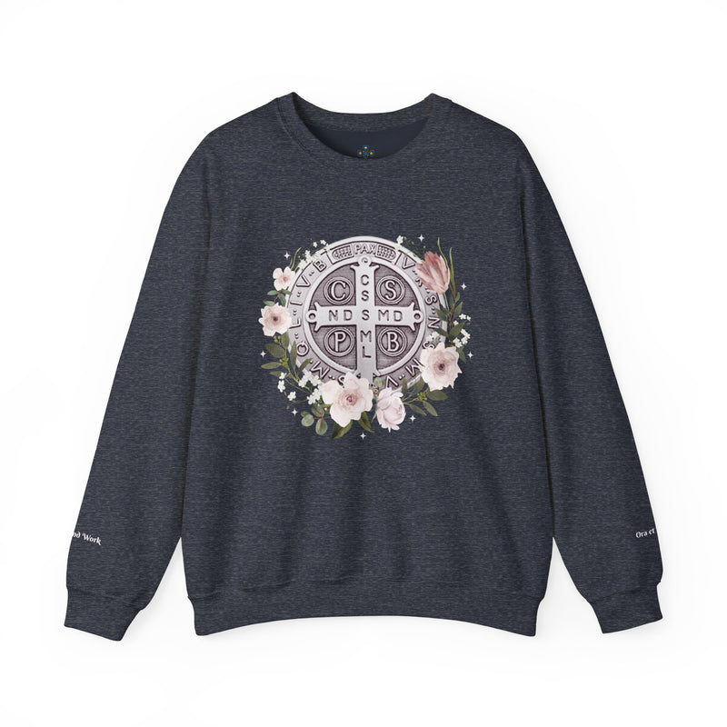 Benedictine Medal Crewneck Sweatshirt – Catholic Faith Floral Design w/ Ora et Labora/Prayer and Work