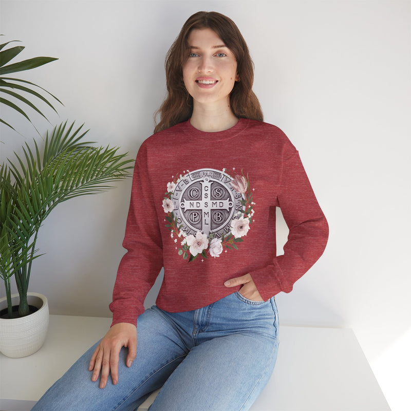 Benedictine Medal Crewneck Sweatshirt – Catholic Faith Floral