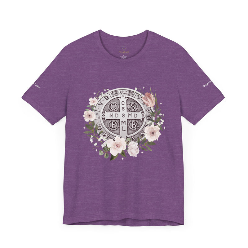 Benedictine Medal T-Shirt – Catholic Faith Floral Tee with Ora et Labora/Prayer and Work