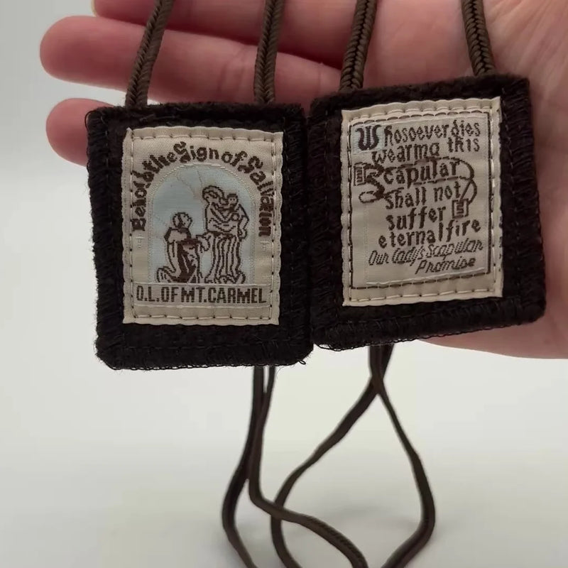Brown Scapular – Our Lady of Mount Carmel & St. Simon Stock, Wool Blend 2"