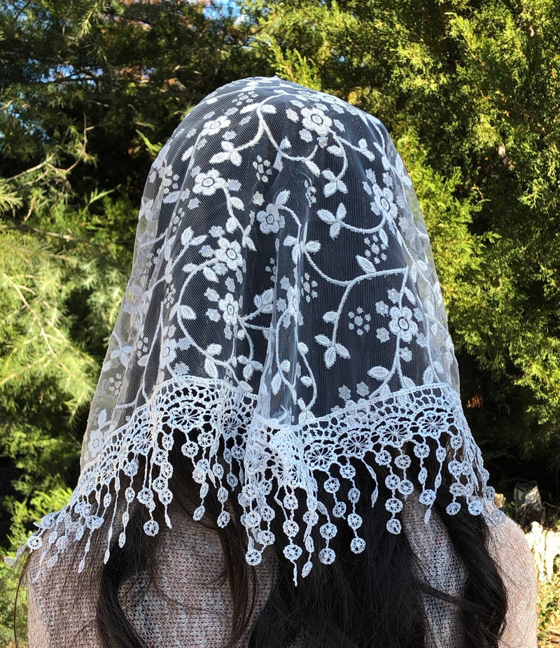Cherry Blossom White Church Veil – 48” x 13” Soft Lace Mantilla Head Covering
