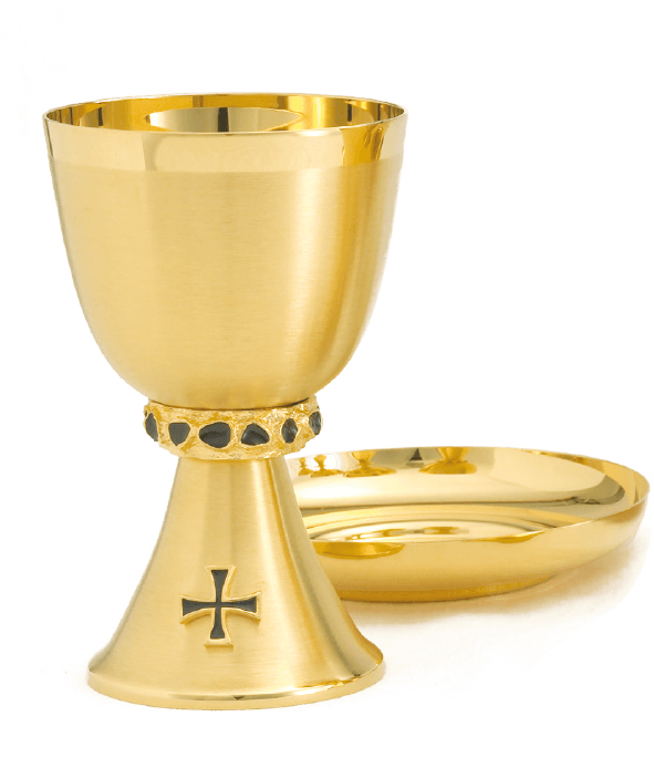 24K Gold Chalice and Bowl Paten Set with Black Stones