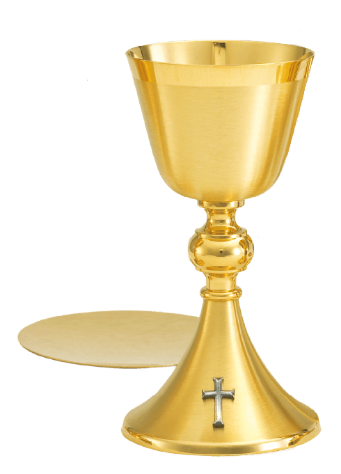Satin 24K Gold Chalice with Silver-Ox Cross & Scale Paten