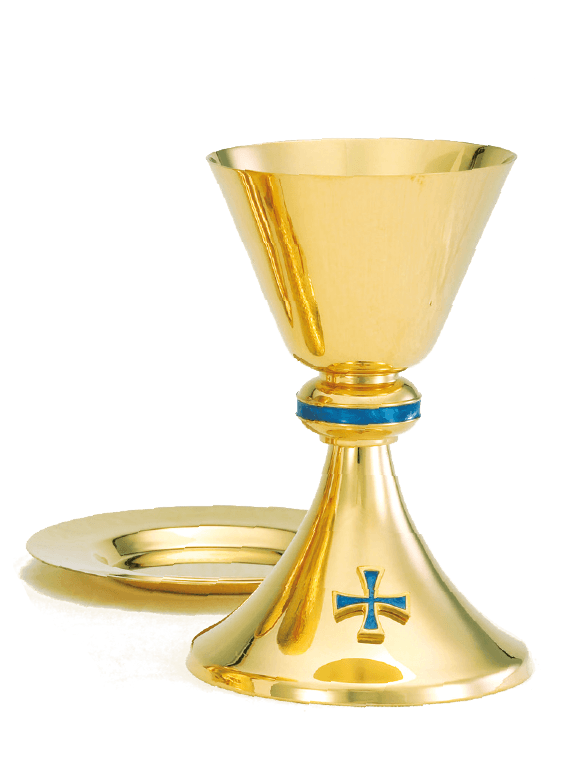 High Polish Chalice Set with Well Paten, 7 Inch | Lapis Blue Cross