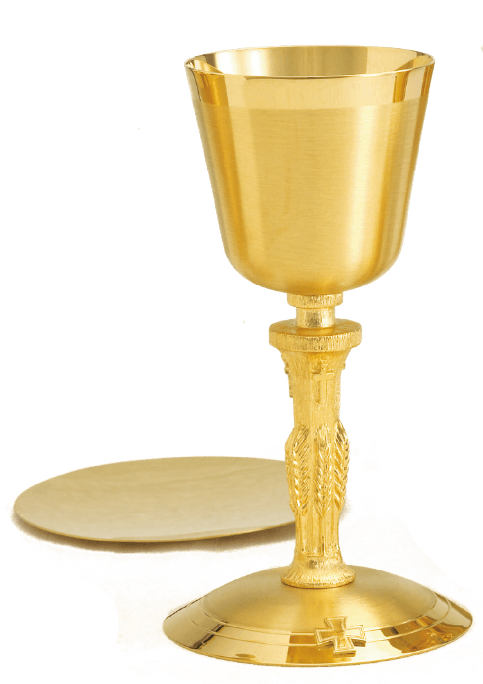 24K gold plated Wheat Stem Catholic chalice with matching paten