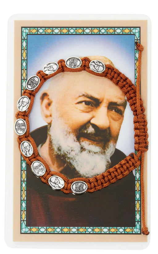 Adjustable Brown Corded St. Pio Bracelet With Laminated Holy Card