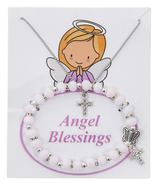 Adjustable Crystal Cross Necklace With Pink Stretchable Butterfly Bracelet\