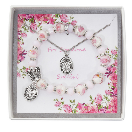 Adjustable Pink Flower Butterfly Bracelet & Miraculous Medal Necklace Set