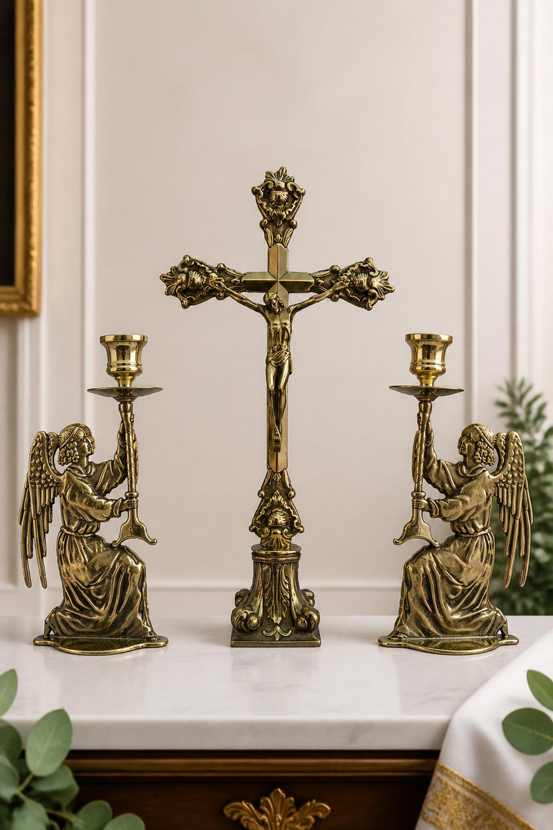 Brass Home Altar Set – Standing Crucifix & 2 Angel Candlesticks, Made in Italy