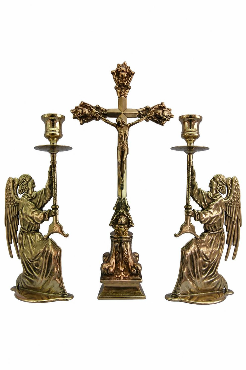 Brass Home Altar Set – Standing Crucifix & 2 Angel Candlesticks, Made in Italy
