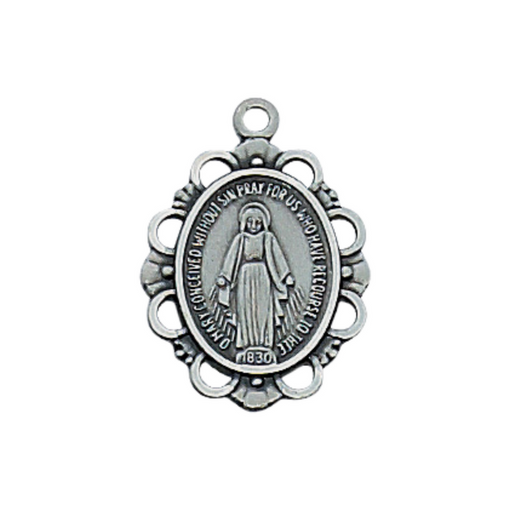 Antique Silver Flower Border Miraculous Medal w/ 18" Silver Tone Chain Holy Medals Holy Medal Necklace Medals for Protection Necklace for Protection