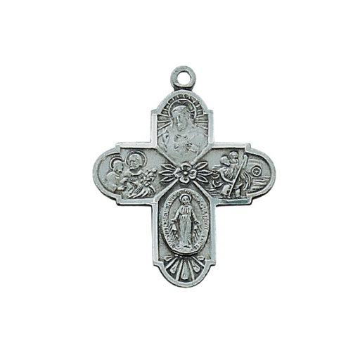 Antique Silver Four Way Medal with 20" Rhodium Plated Chain Catholic Gifts Catholic Presents Gifts for all occasion