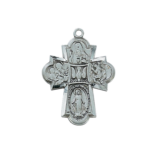 Antique Silver Four Way Medal with 24" Rhodium Plated Chain Catholic Gifts Catholic Presents Gifts for all occasion