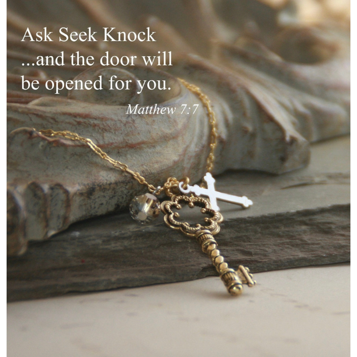 “Ask Seek Knock” Key Cross and Crystal Necklace Mother's Day Present Mother's Day Gift Mother's Day special item Mother's Day Necklace