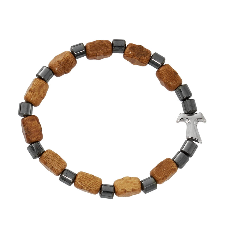 Light Brown Wood Tau Cross Stretch Bracelet – Hang Card, Made in Italy