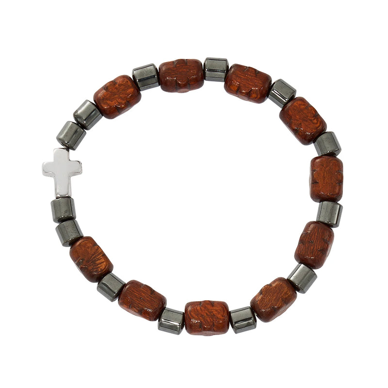 Dark Brown Wood Men’s Cross Stretch Bracelet – Hang Card, Made in Italy