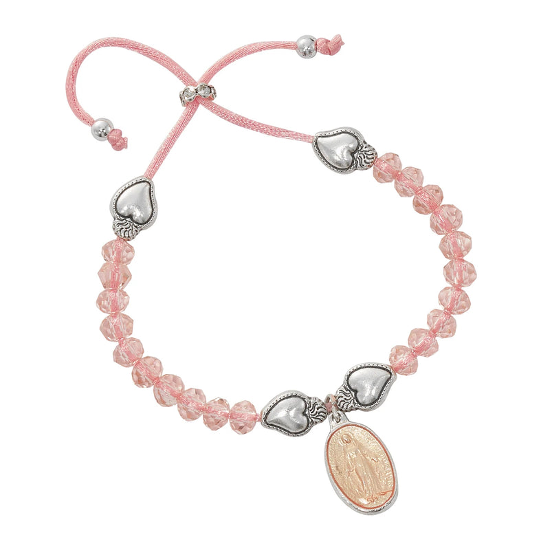 Pink Crystal Miraculous Medal Adjustable Bracelet with Hearts & Pink Epoxy – Comes Carded, Made in Italy