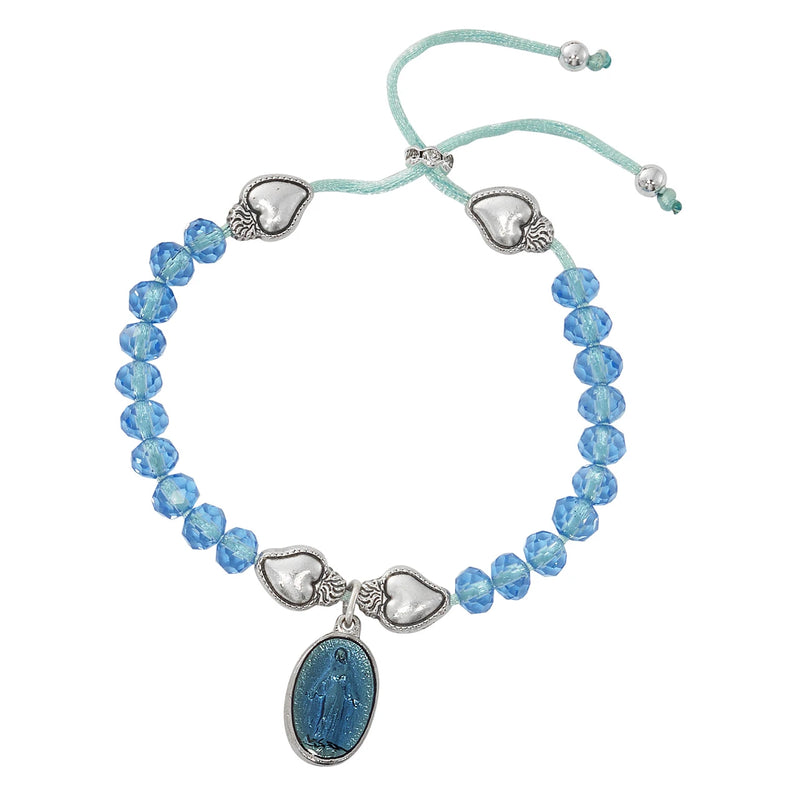 Blue Crystal Miraculous Medal Adjustable Heart Bracelet – Comes Carded, Made in Italy