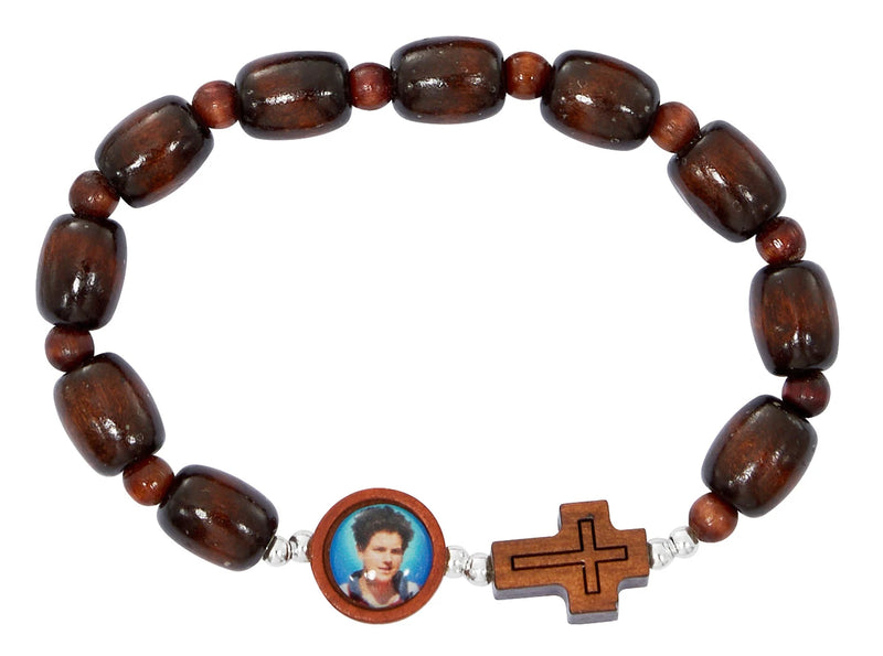 Carlo Acutis Girl's Brown Wood Stretch Rosary Bracelet | Hang Card | Made in Italy
