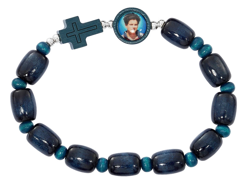 Carlo Acutis Girl's Blue Wood Stretch Rosary Bracelet | Hang Card | Made in Italy