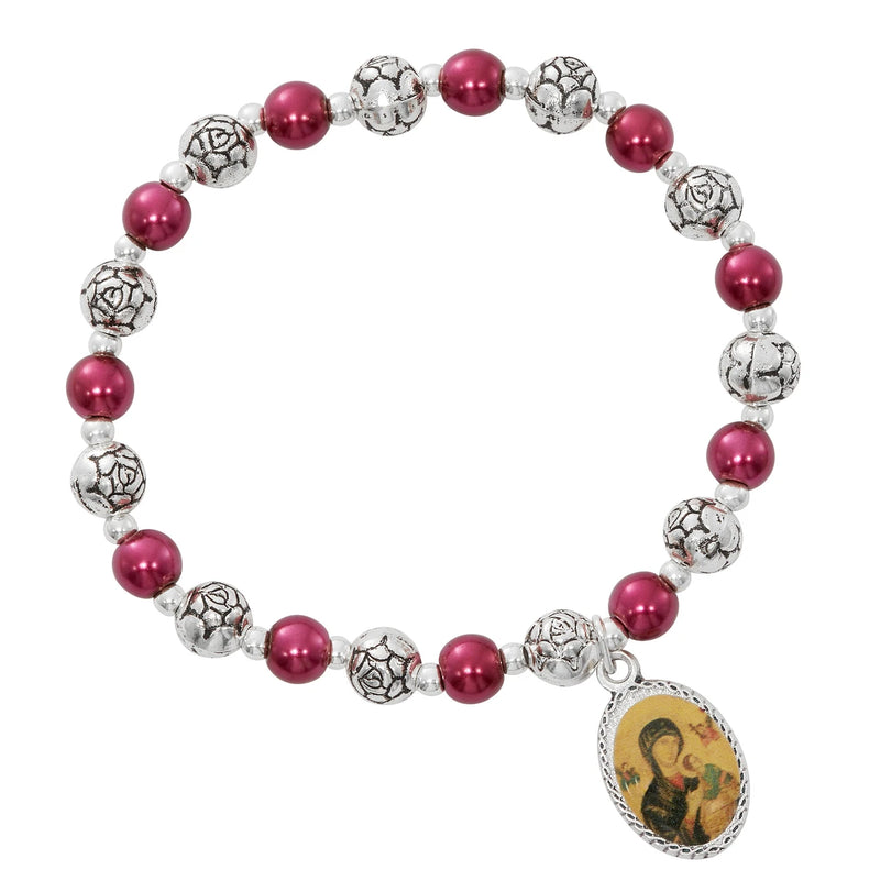 Our Lady of Perpetual Help Stretch Bracelet – 6mm Burgundy Pearl Beads, Silver Ox, Carded