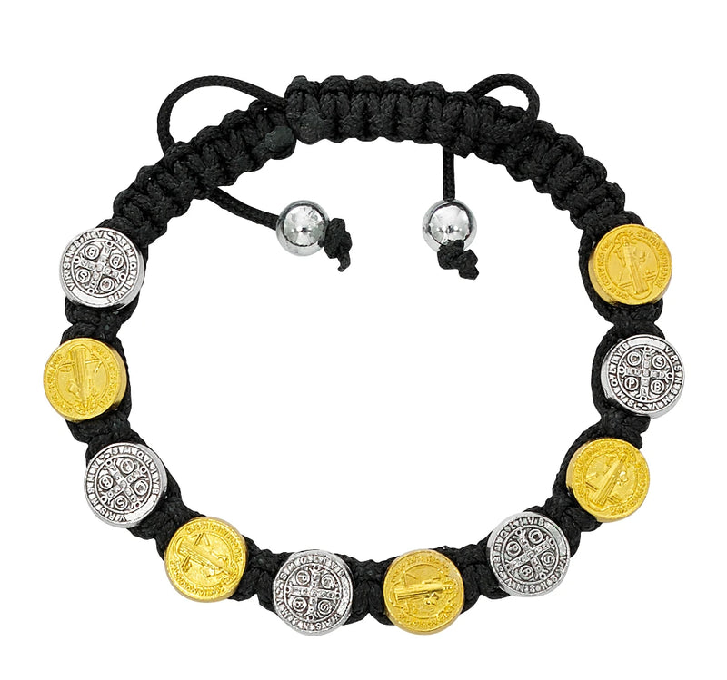 Black Corded St. Benedict Bracelet with Silver and Gold Medals