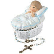 Baby Boy Baptism Keepsake Box with Rosary – Christening Gift with Blue Pearl Beads