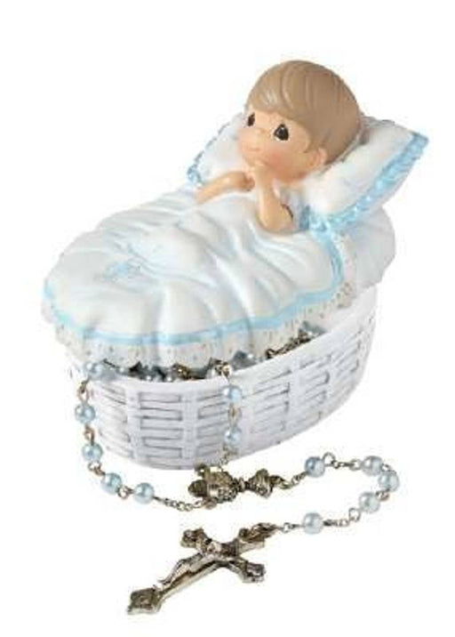 Baby Boy Baptism Keepsake Box with Rosary – Christening Gift with Blue Pearl Beads