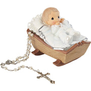Baby Boy Baptism Rosary Box with White Rosary – Lidded Keepsake Box with Baby in Cradle – Perfect Baptism Gift