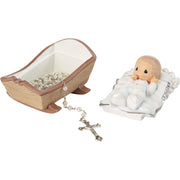 Baby Boy Baptism Rosary Box with White Rosary – Lidded Keepsake Box with Baby in Cradle – Perfect Baptism Gift