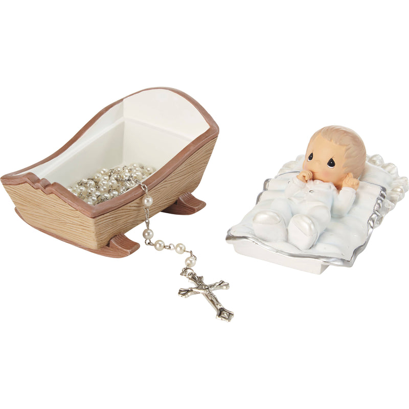 Baby Boy Baptism Rosary Box with White Rosary – Lidded Keepsake Box with Baby in Cradle – Perfect Baptism Gift