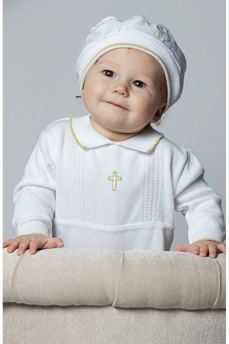 Baby Boy Christening Romper with Gold Embroidered Cross – 2-Piece Baptism Outfit with Matching Hat