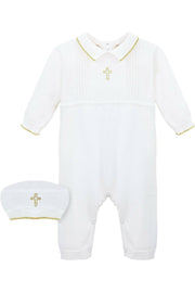 Baby Boy Christening Romper with Gold Embroidered Cross – 2-Piece Baptism Outfit with Matching Hat
