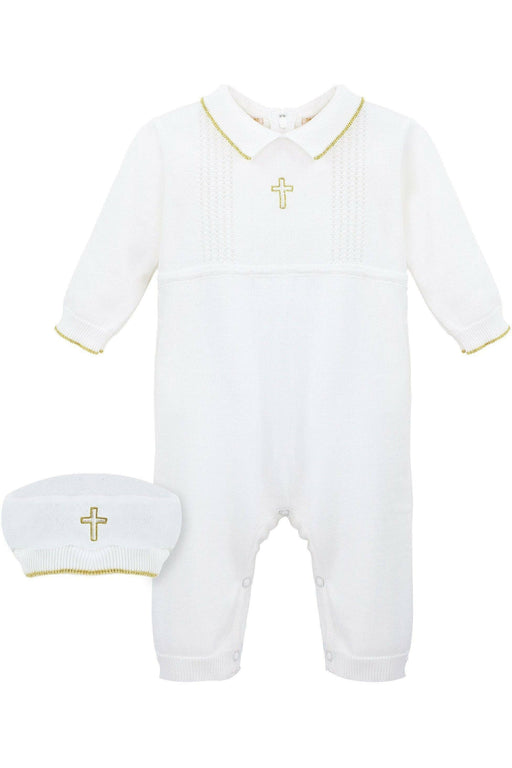 Baby Boy Christening Romper with Gold Embroidered Cross – 2-Piece Baptism Outfit with Matching Hat
