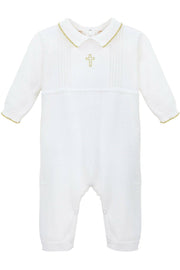 Baby Boy Christening Romper with Gold Embroidered Cross – 2-Piece Baptism Outfit with Matching Hat