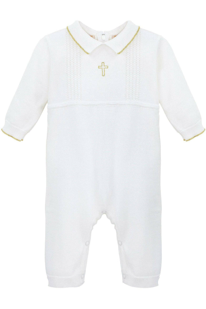 Baby Boy Christening Romper with Gold Embroidered Cross – 2-Piece Baptism Outfit with Matching Hat
