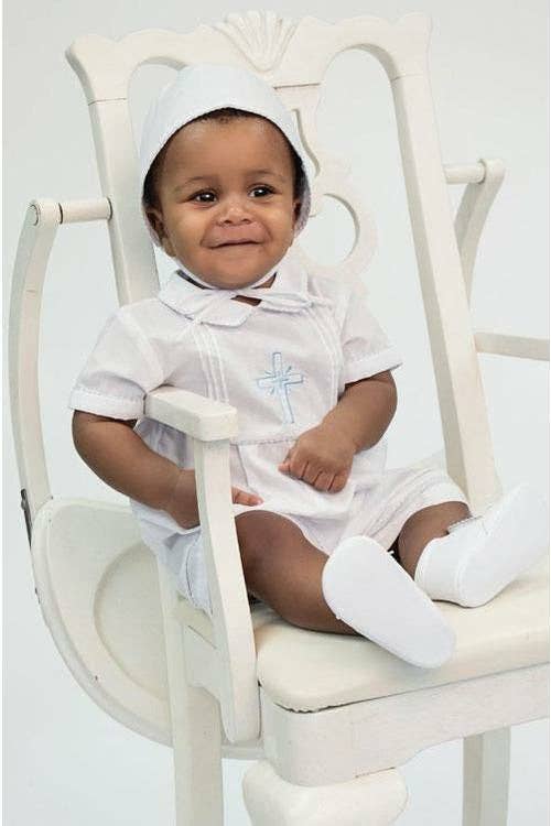 Baby Boys Christening Shortall with Blue Embroidered Cross – 2-Piece Baptism Outfit with Matching Hat