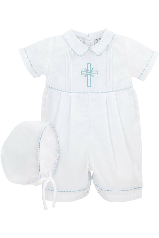 Baby Boys Christening Shortall with Blue Embroidered Cross – 2-Piece Baptism Outfit with Matching Hat