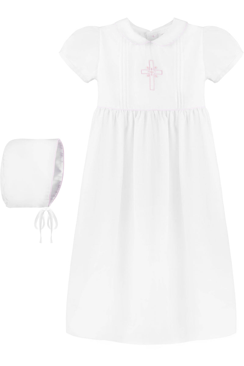 Baby Girl Pink Cross Christening Gown with Bonnet – 100% Cotton Baptism Dress with Embroidered Cross Detail