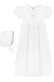 Baby Girl Pink Cross Christening Gown with Bonnet – 100% Cotton Baptism Dress with Embroidered Cross Detail