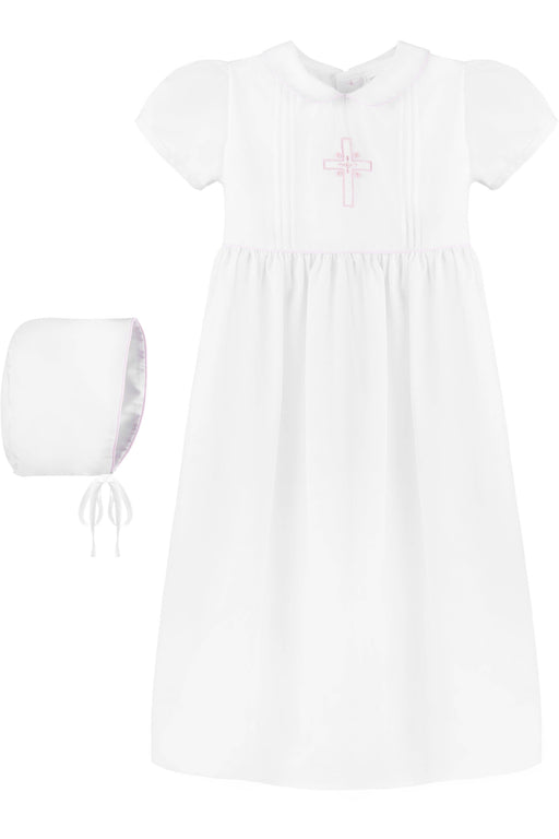 Baby Girl Pink Cross Christening Gown with Bonnet – 100% Cotton Baptism Dress with Embroidered Cross Detail