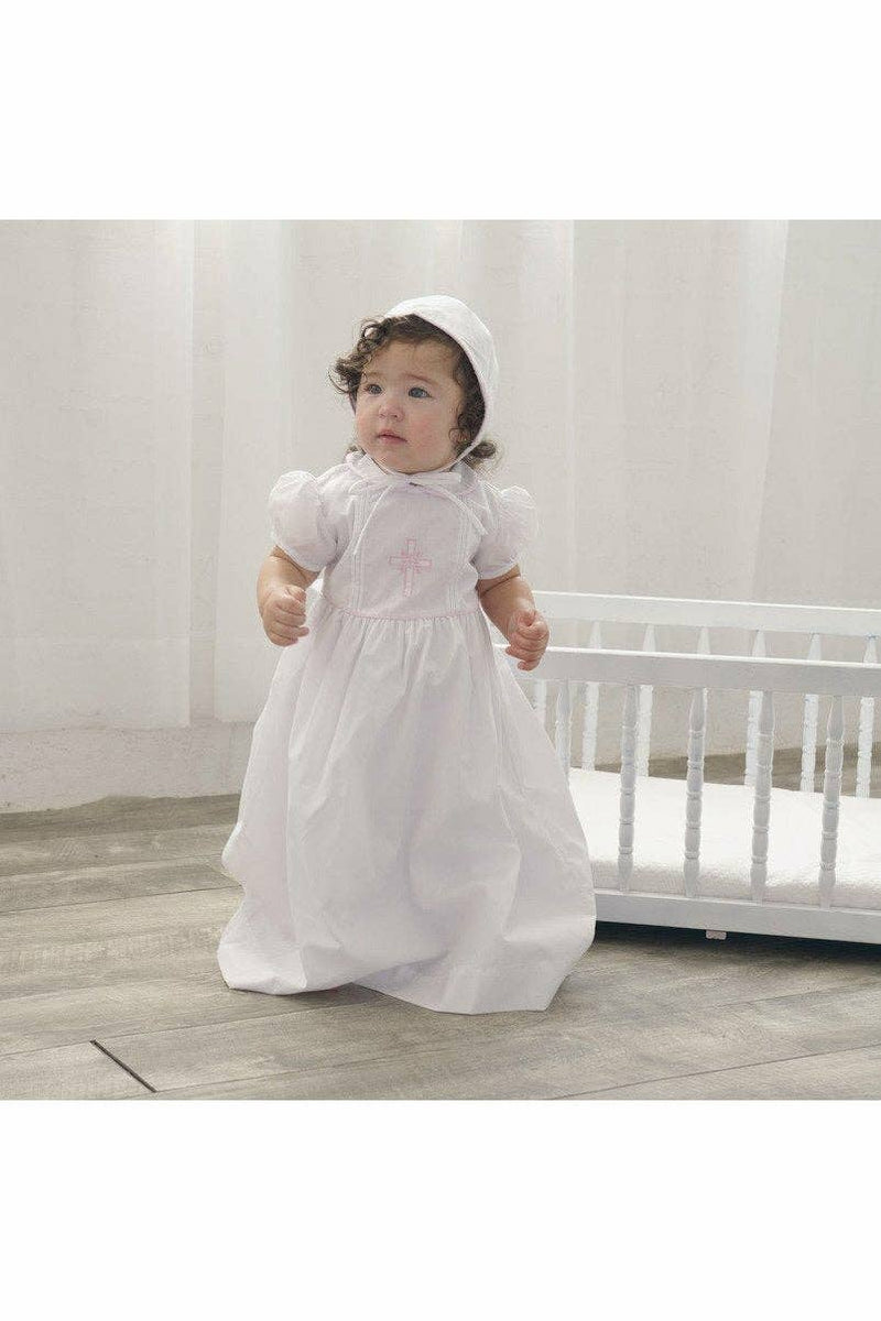 Baby Girl Pink Cross Christening Gown with Bonnet – 100% Cotton Baptism Dress with Embroidered Cross Detail