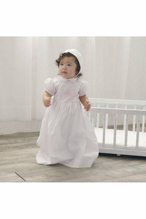 Baby Girl Pink Cross Christening Gown with Bonnet – 100% Cotton Baptism Dress with Embroidered Cross Detail