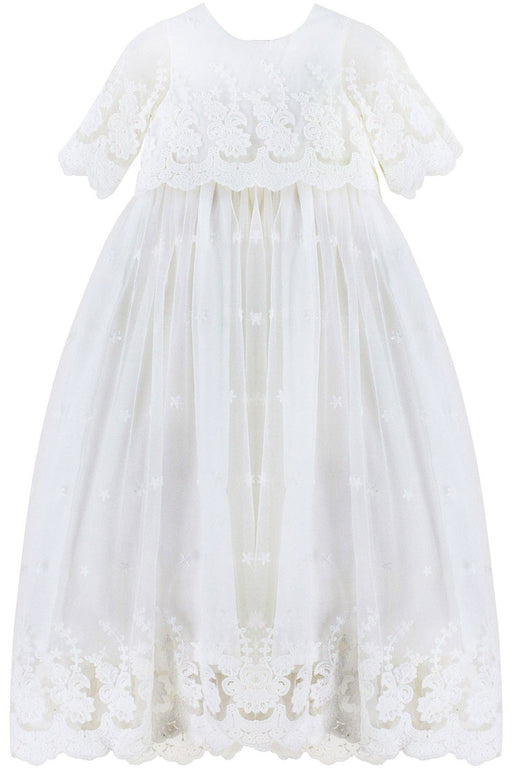 Baby Girl Star Lace Christening Gown with Bonnet – Long-Sleeved Baptism Dress with Floral & Star Lace Overlay