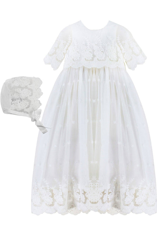 Baby Girl Star Lace Christening Gown with Bonnet – Long-Sleeved Baptism Dress with Floral & Star Lace Overlay