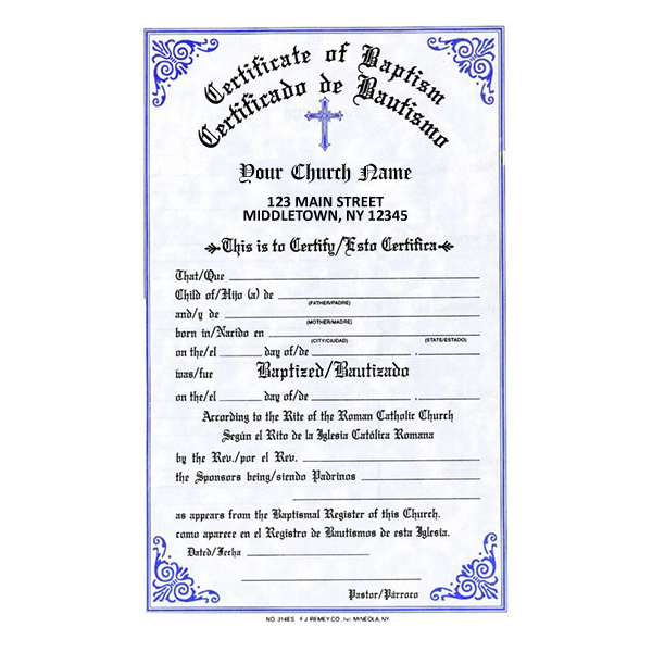 Baptism Certificate with Notations on the Back Imprinted - #314