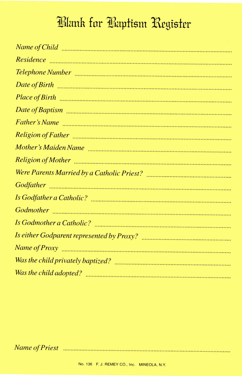 Baptismal Register Blanks - #136