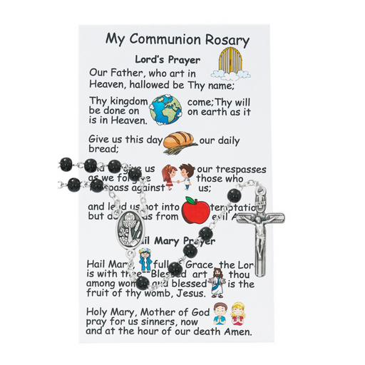 Black Glass Beads Communion Rosary with Prayer Card - BEST SELLER